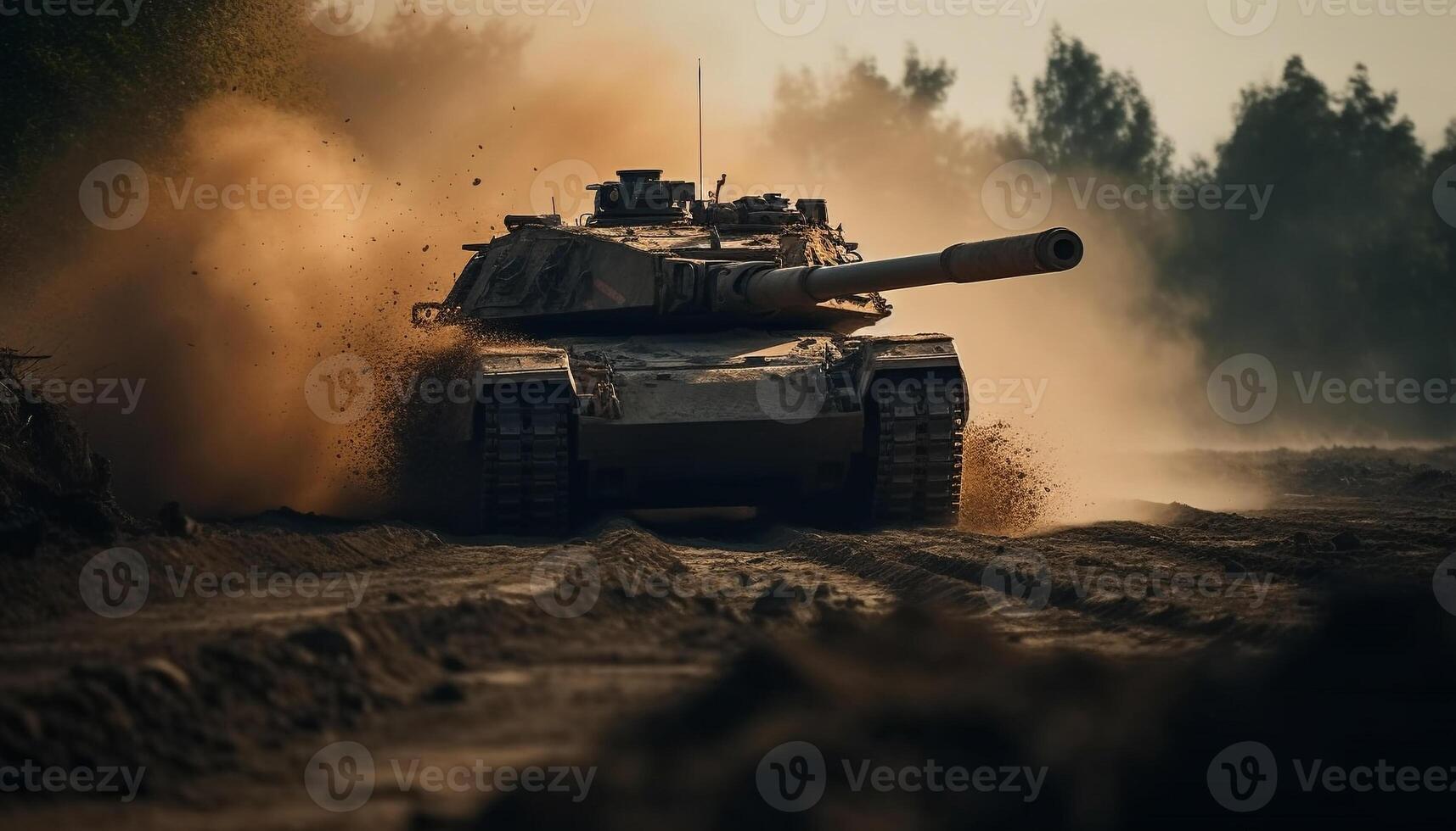 Heavy machinery on battlefield, armored tank in motion generated by AI photo