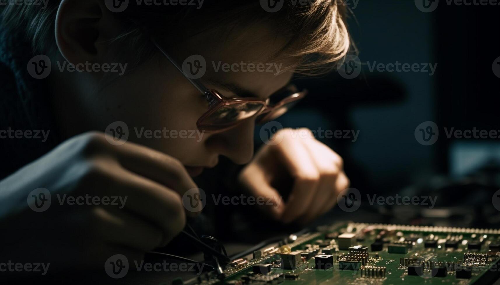 Caucasian technician soldering computer chip with concentration generated by AI photo