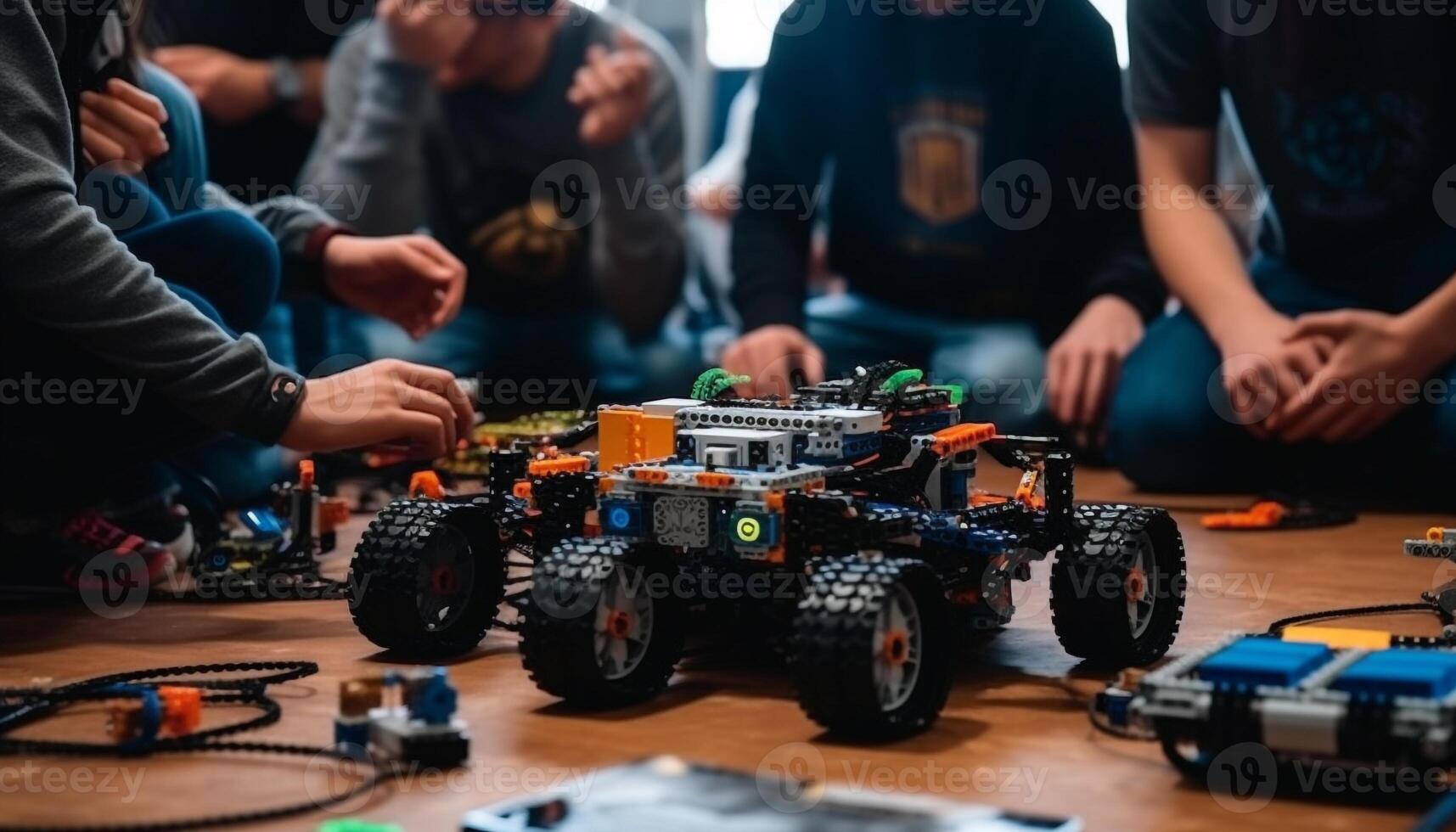 Indoor workshop buzzing with skilled teamwork and innovation generated by AI photo