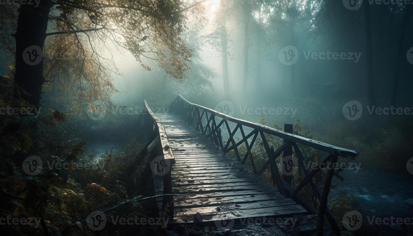 Spooky fog shrouds tranquil forest footpath adventure generated by AI photo