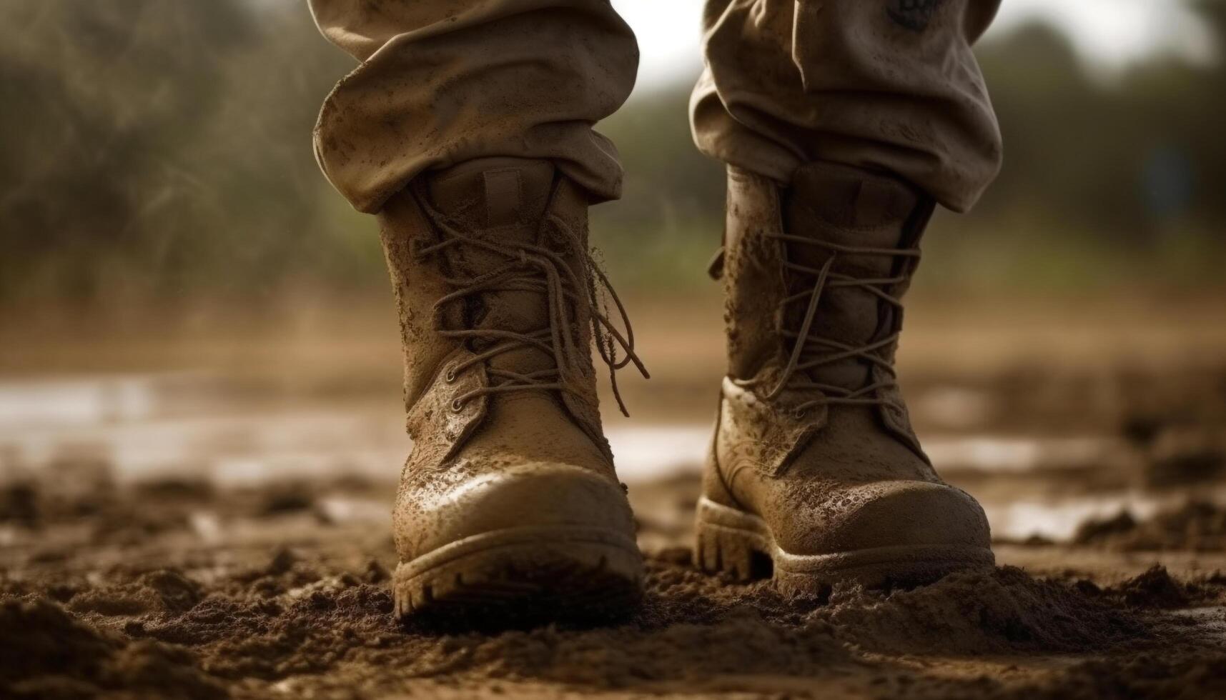 Dirty military boots trudge through muddy forest generated by AI photo