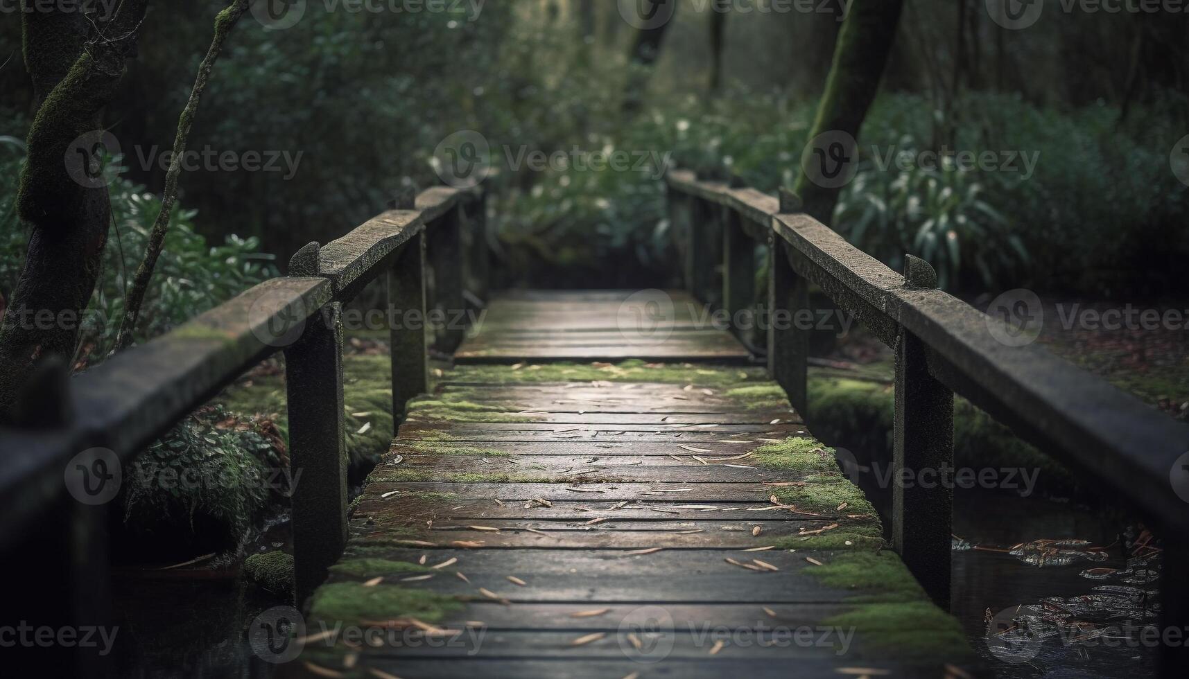 Elevated walkway through tropical rainforest, timber plank bridge generated by AI photo