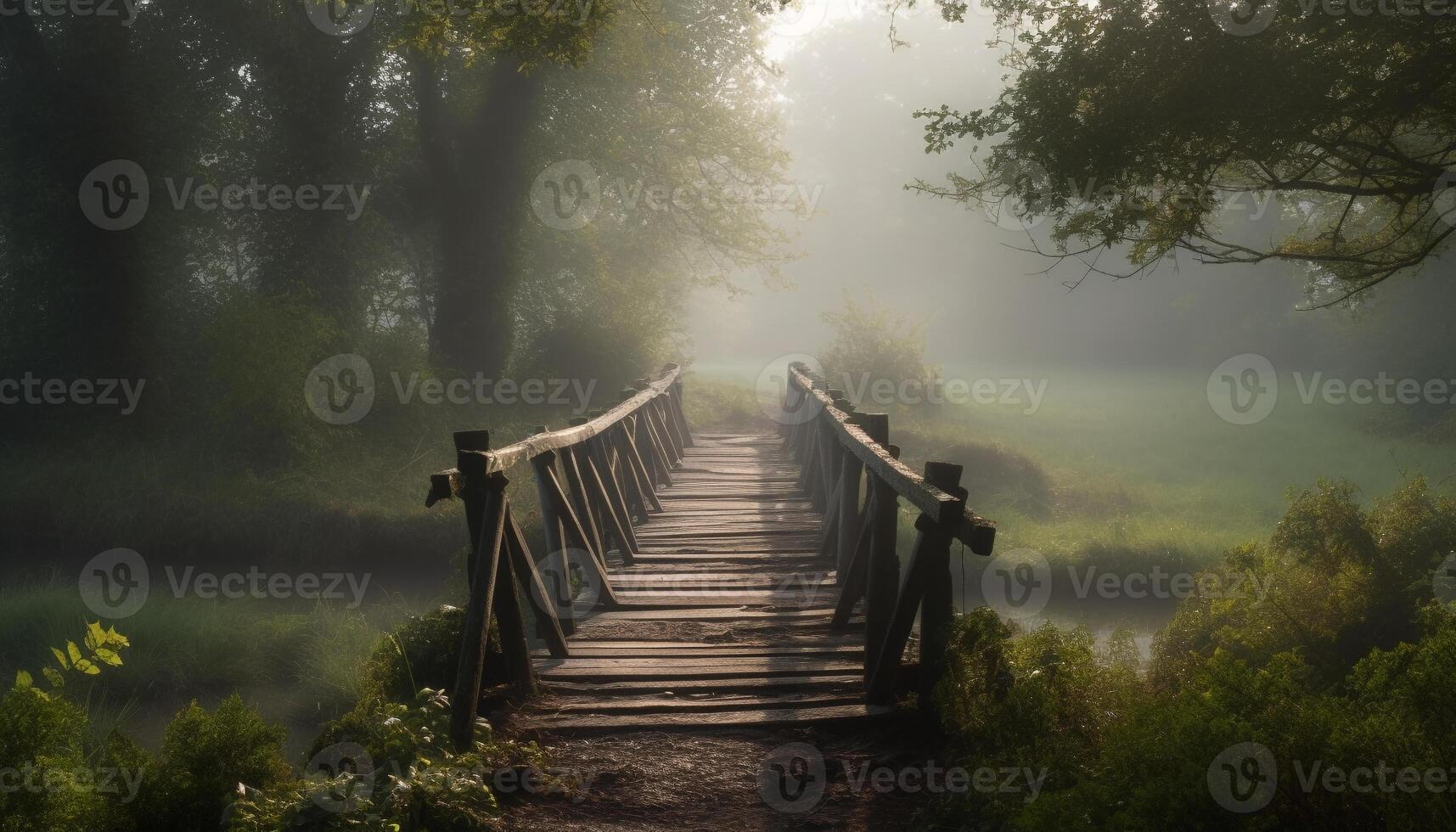Loneliness in nature, walking through foggy woods generated by AI photo