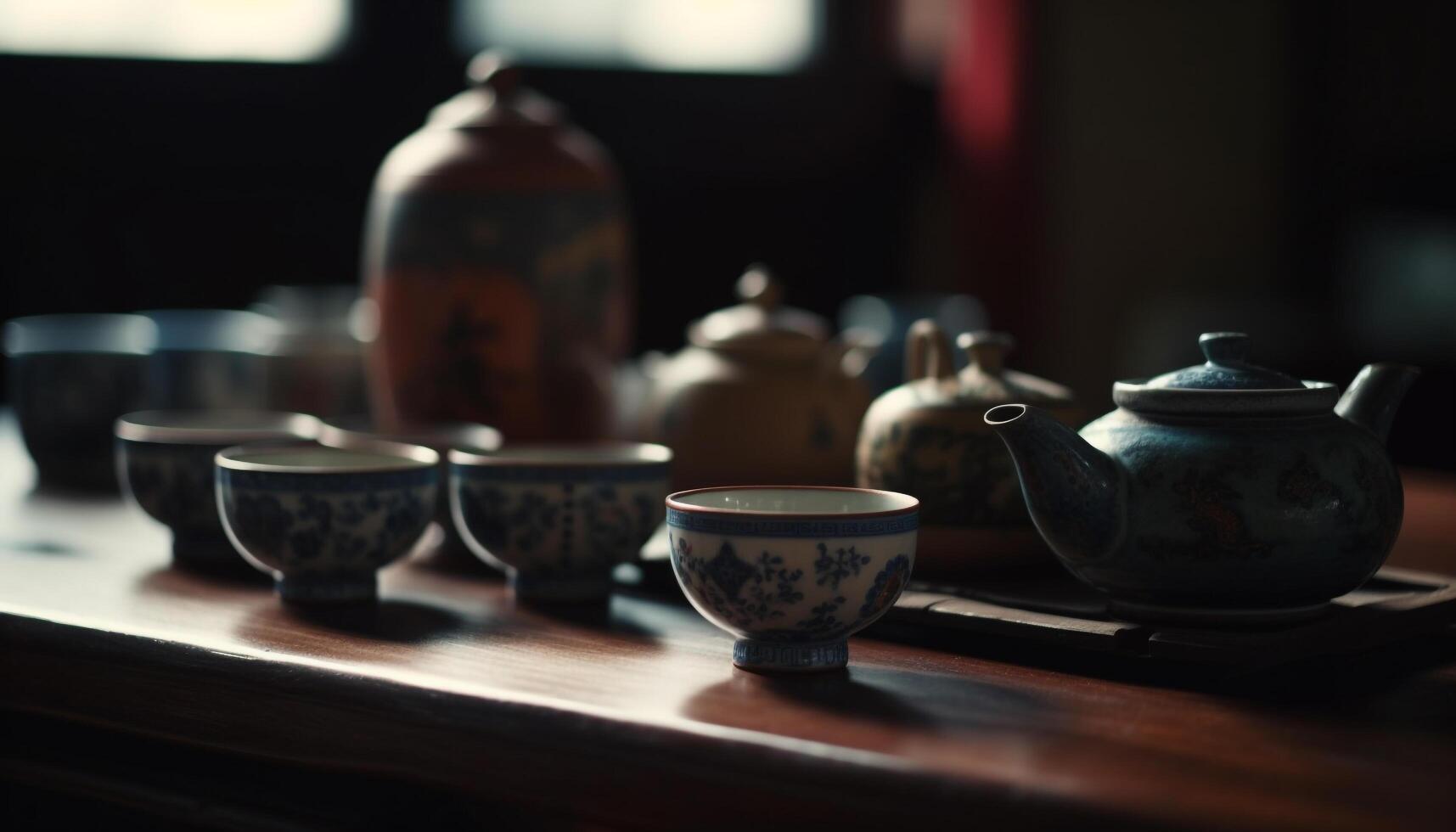 caliente té en antiguo chino cerámica tetera generado por ai foto