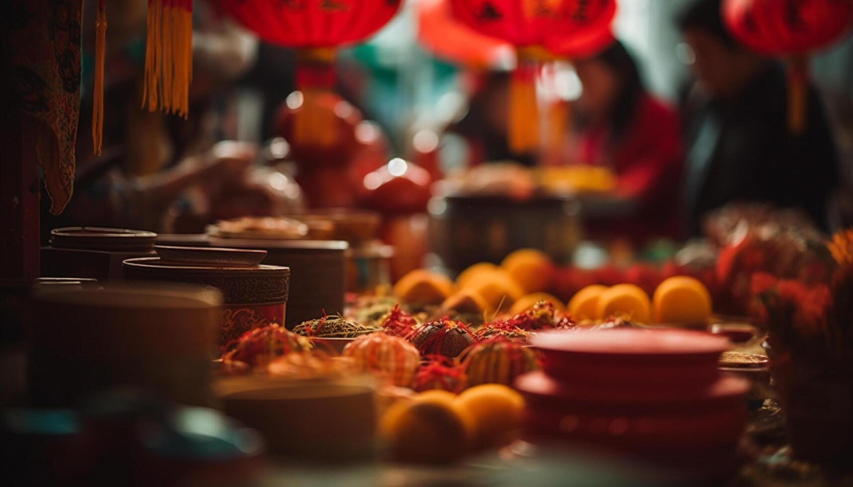 Multi colored fruit decoration, traditional festival celebration indoors generated by AI photo