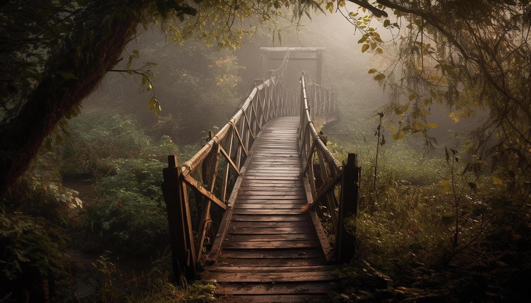 Tranquil footpath through foggy autumn forest generated by AI photo