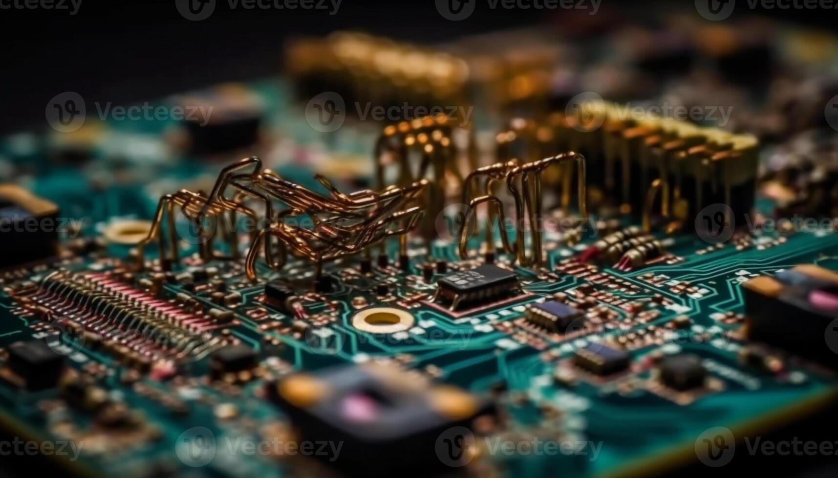 Complex circuit board powers futuristic computer equipment industry generated by AI photo