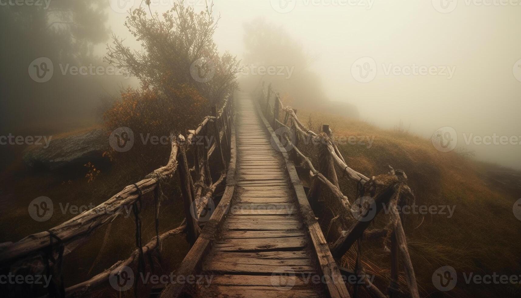 Walking through foggy forest on footpath bridge generated by AI photo