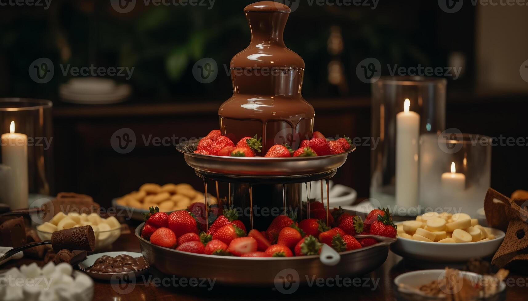 Fresco fresa fondue, gastrónomo indulgencia en madera generado por ai foto