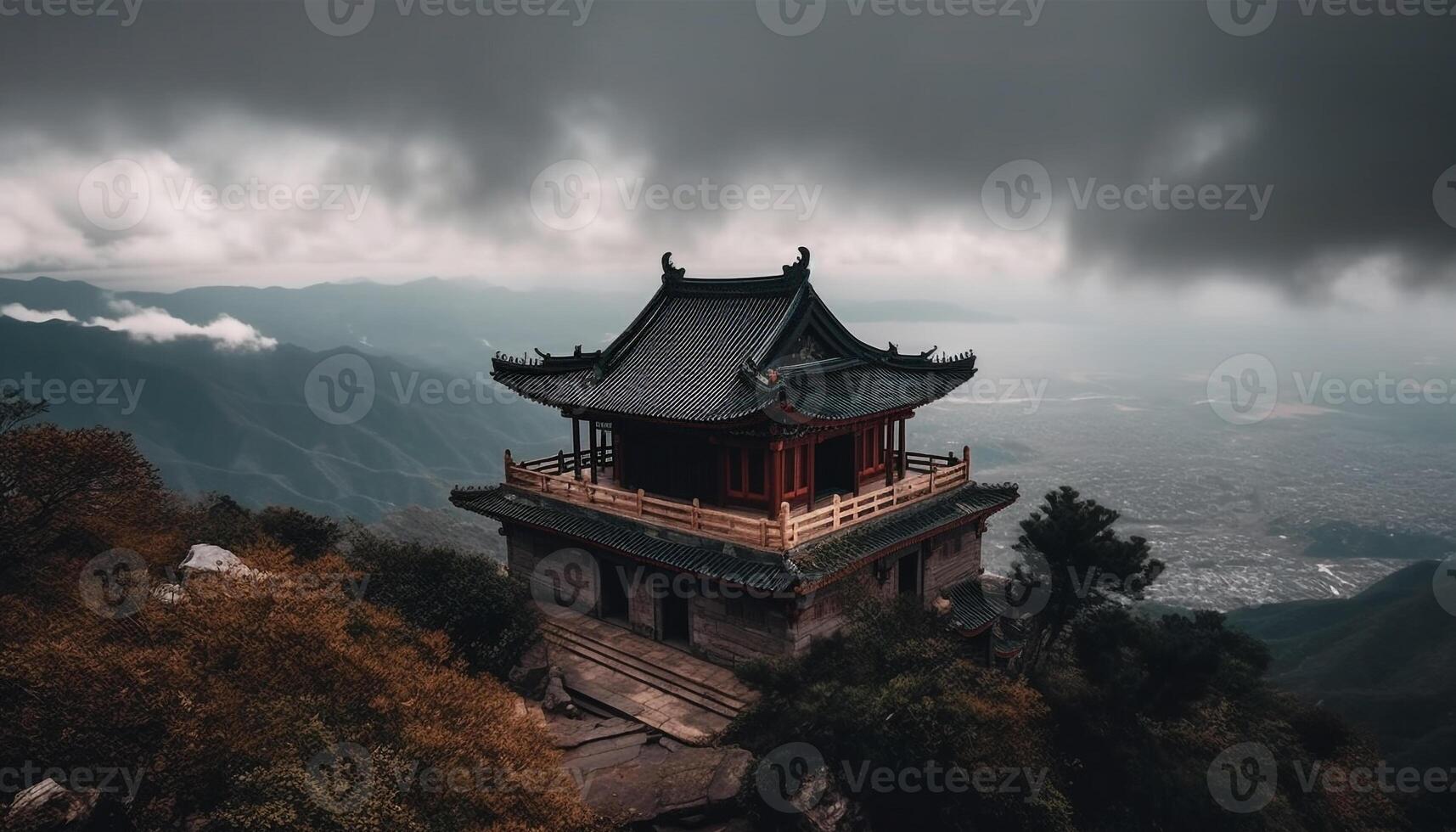 Majestic mountain range, ancient pagoda, dramatic sky generated by AI photo