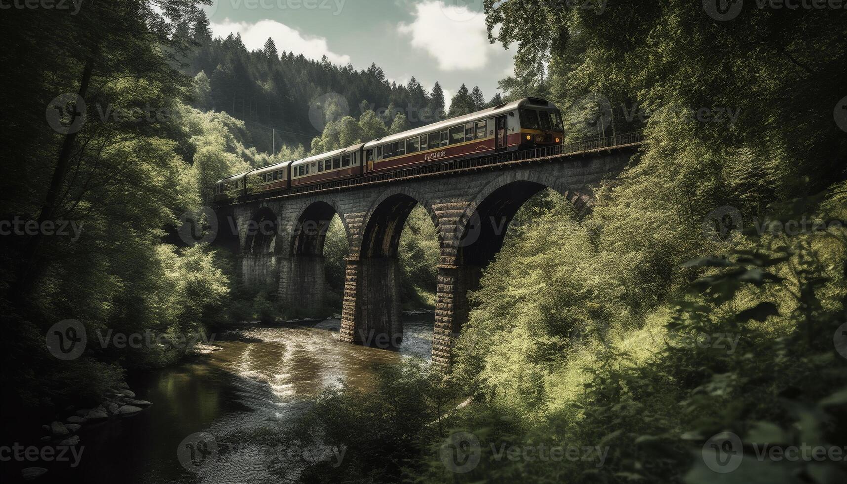 Old locomotive speeds over tranquil forest viaduct generated by AI photo