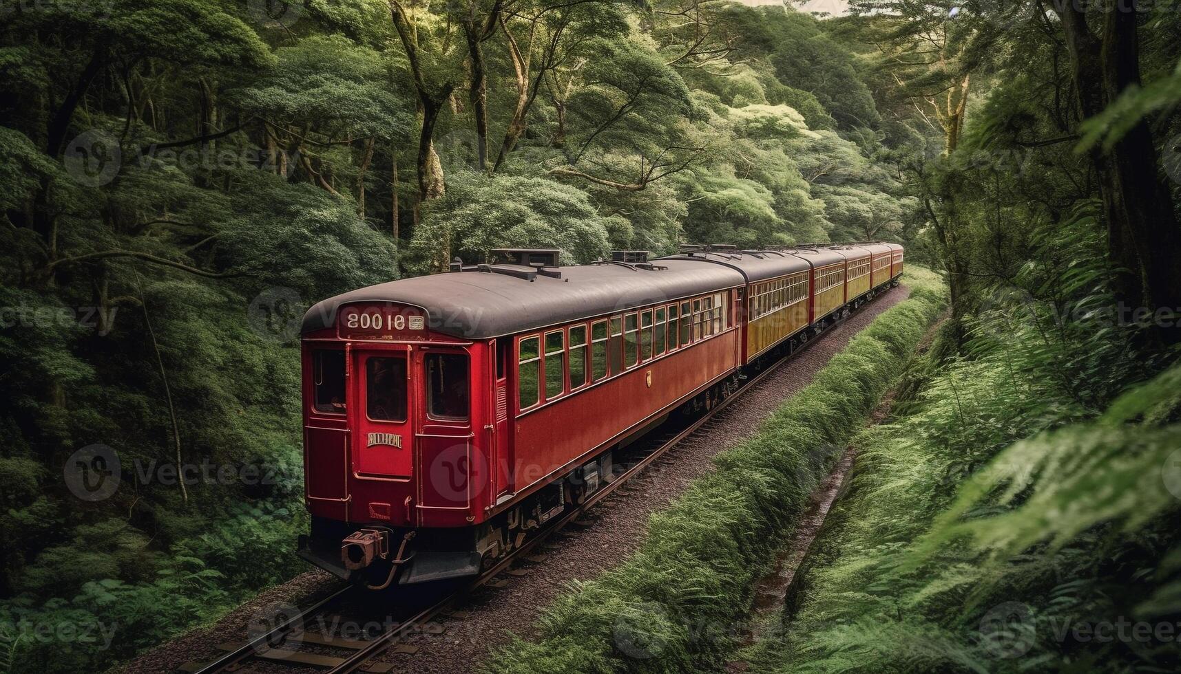 Steam train speeds through forest on railroad track generated by AI photo