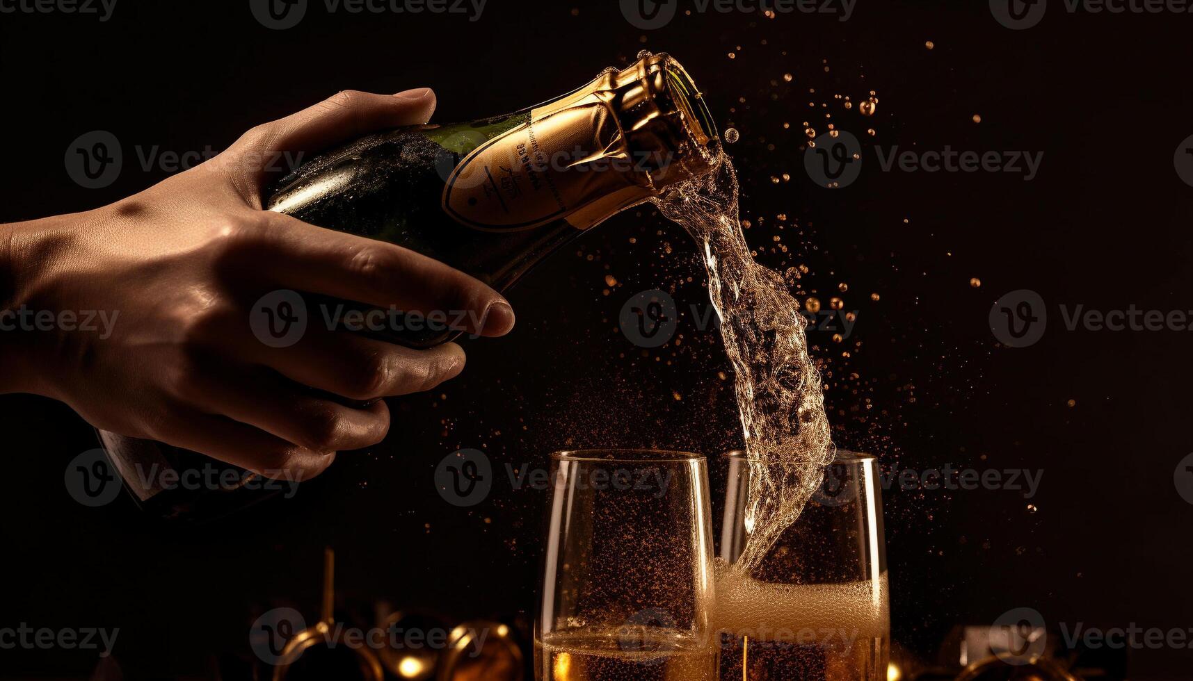 Hand pouring champagne, glass splashing, celebratory toast generated by AI photo