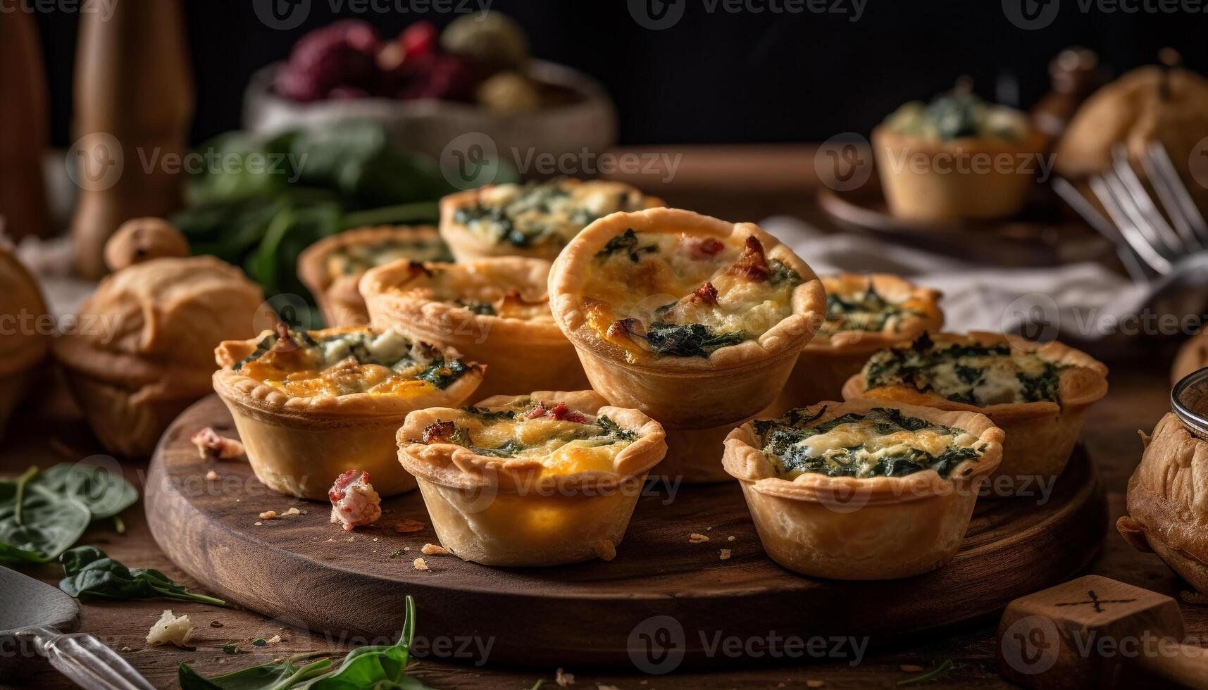Freshly baked meat pie on rustic wooden table generated by AI photo