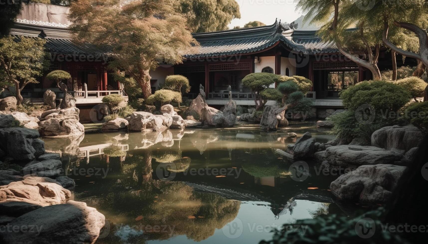 Tranquil reflection in ancient Chinese garden pond generated by AI photo