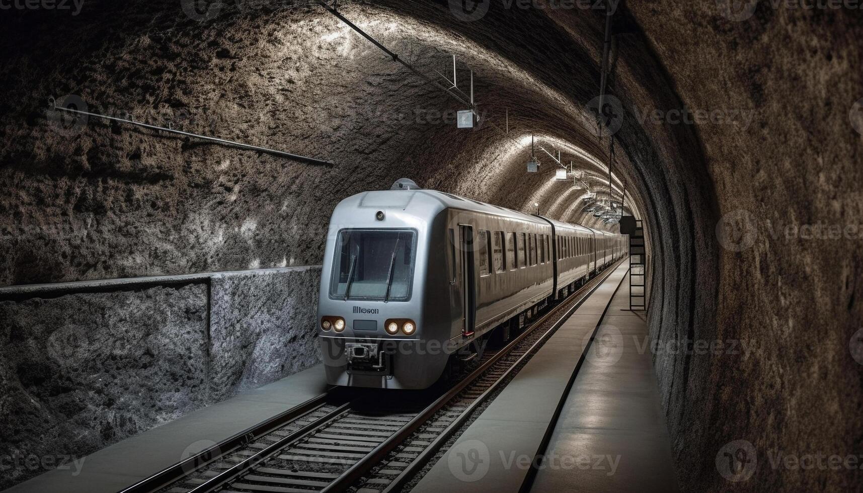 Subway train speeds through illuminated train tunnel generated by AI photo