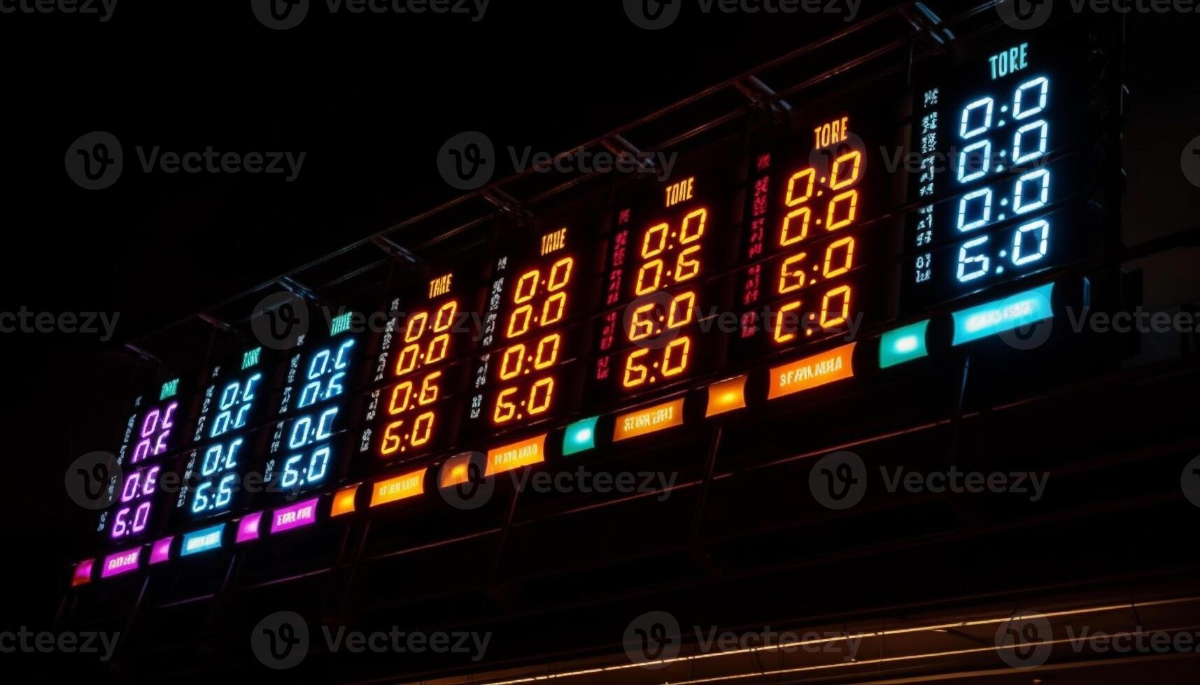 Delayed flight, passengers waiting, illuminated departure board generated by AI photo
