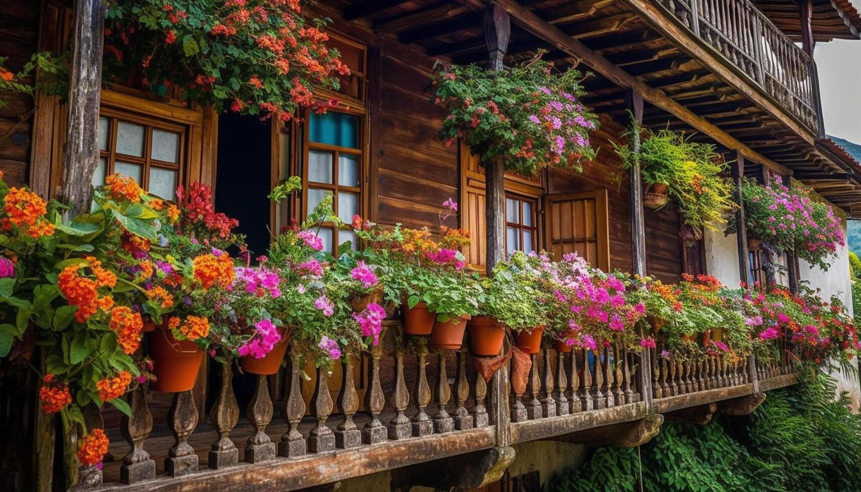 Multi colored flower pot on rustic balcony generated by AI photo