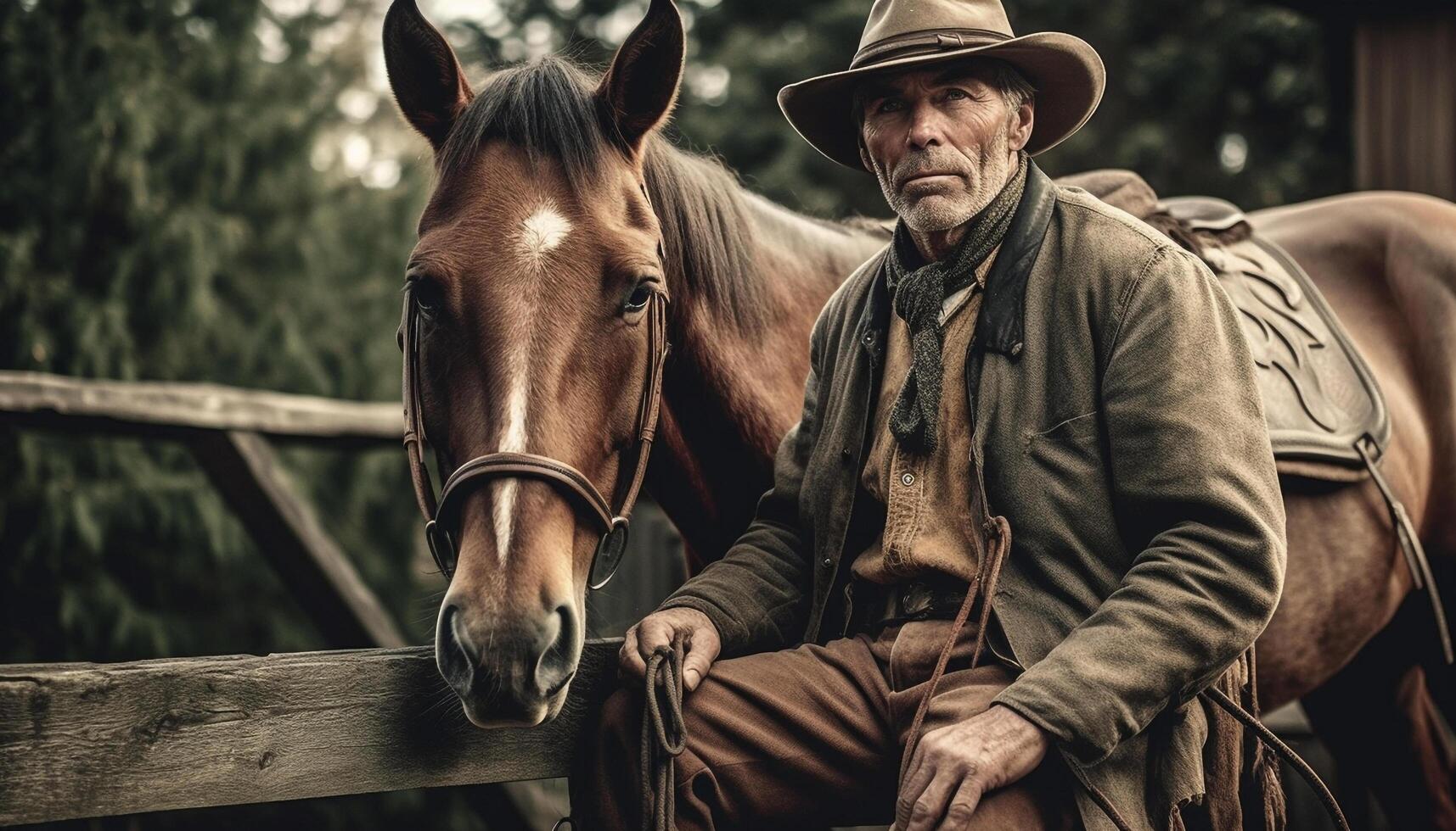 Caucasian cowboy riding stallion on rural ranch generated by AI photo