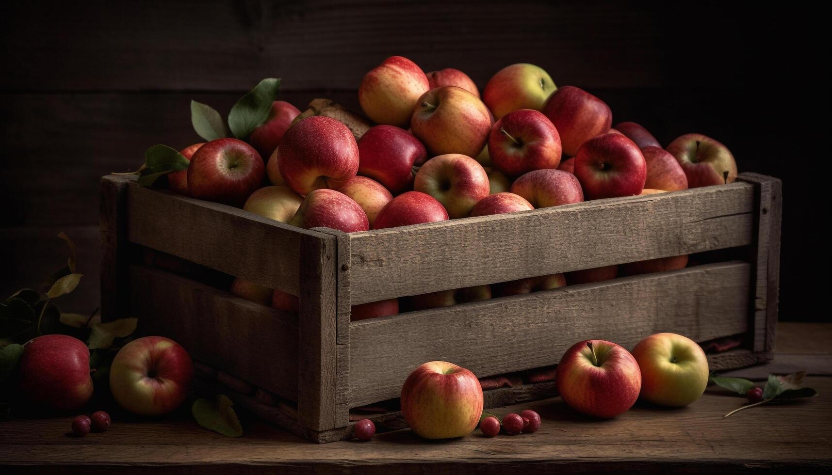 Juicy apples in wooden crate, autumn harvest generated by AI photo