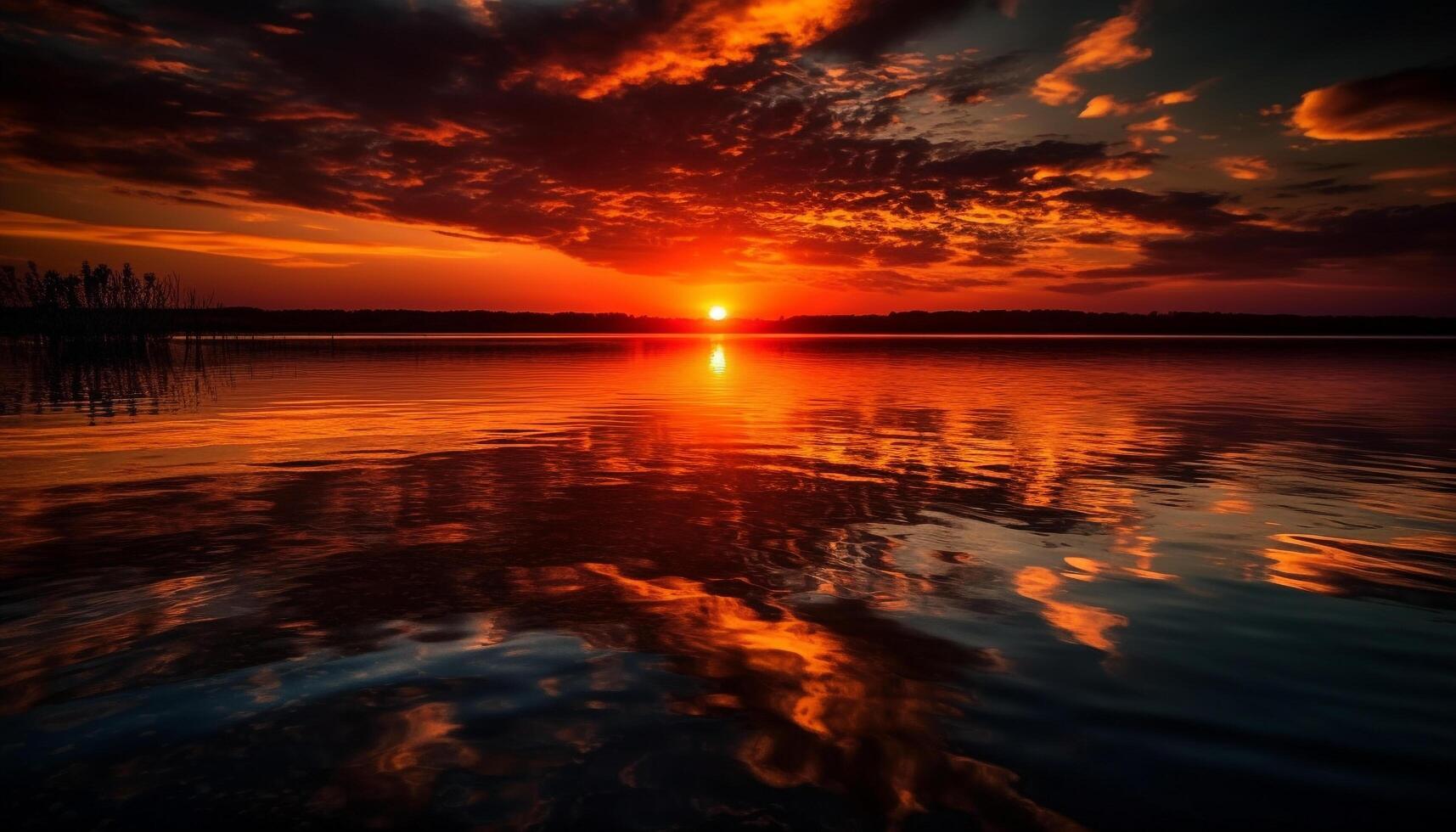 Moody sky reflects vibrant sunset over tranquil water generated by AI photo