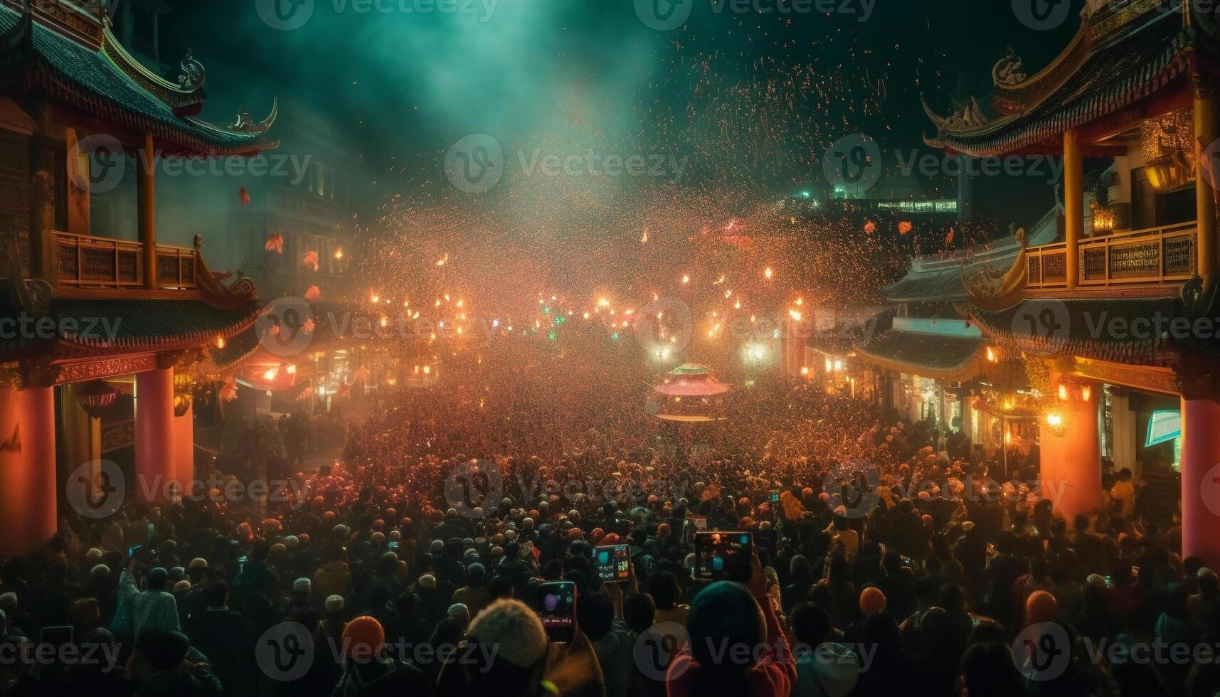Multi colored lanterns illuminate traditional Chinese celebration at night generated by AI photo