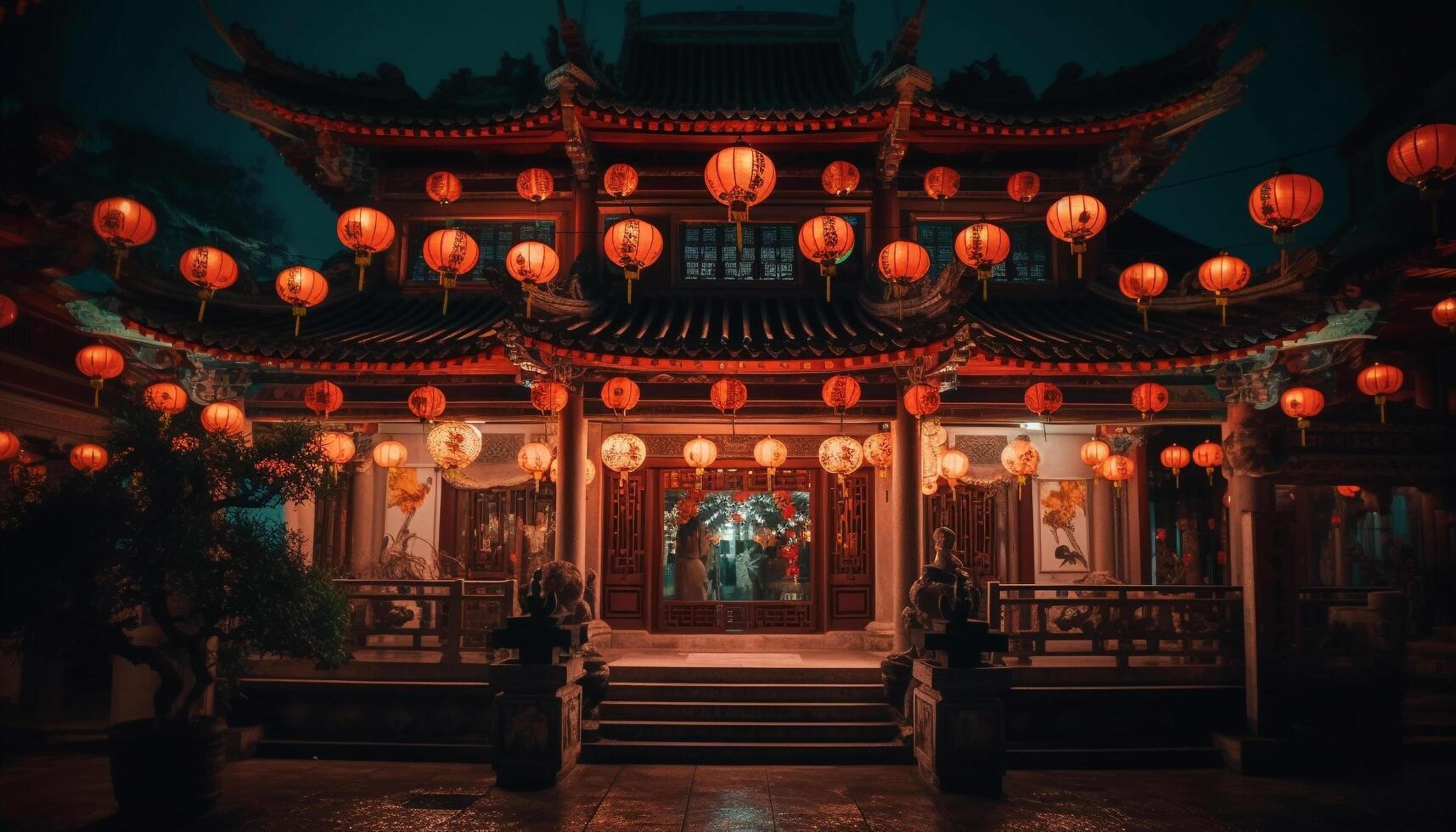 Illuminated lanterns adorn ancient Beijing famous architecture generated by AI photo