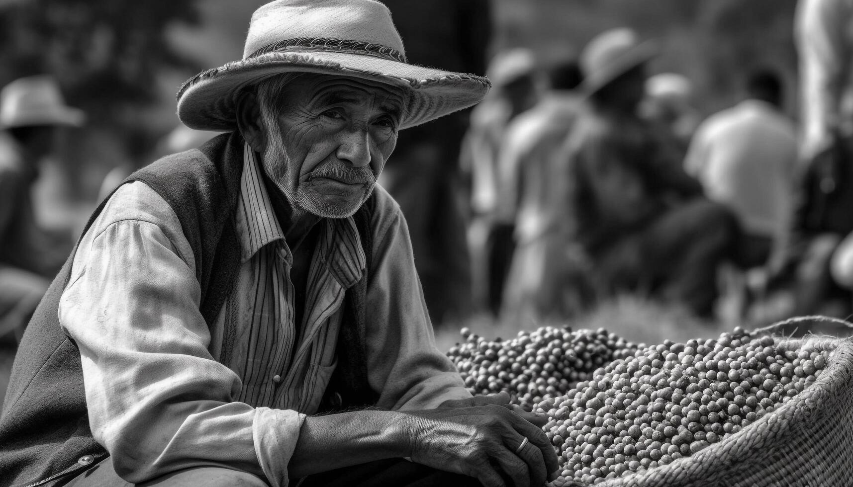 Senior farmer in traditional hat harvesting fruit outdoors generated by AI photo