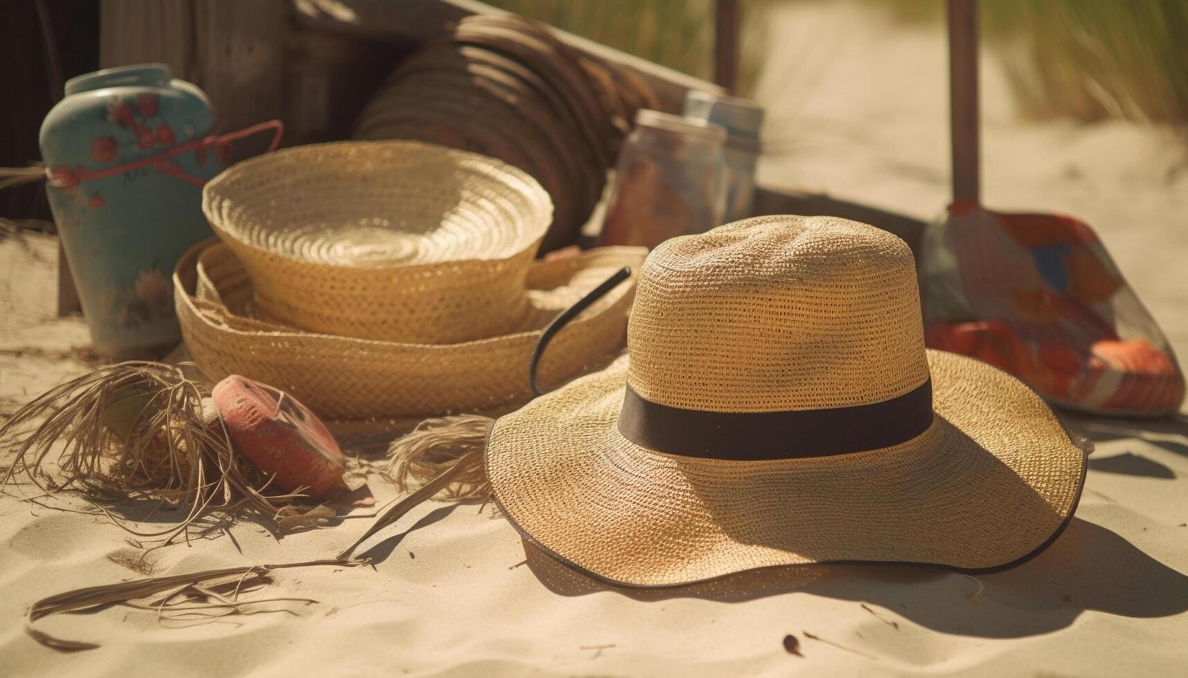 Paja sombrero sombras hombres en tropical vacaciones generado por ai foto