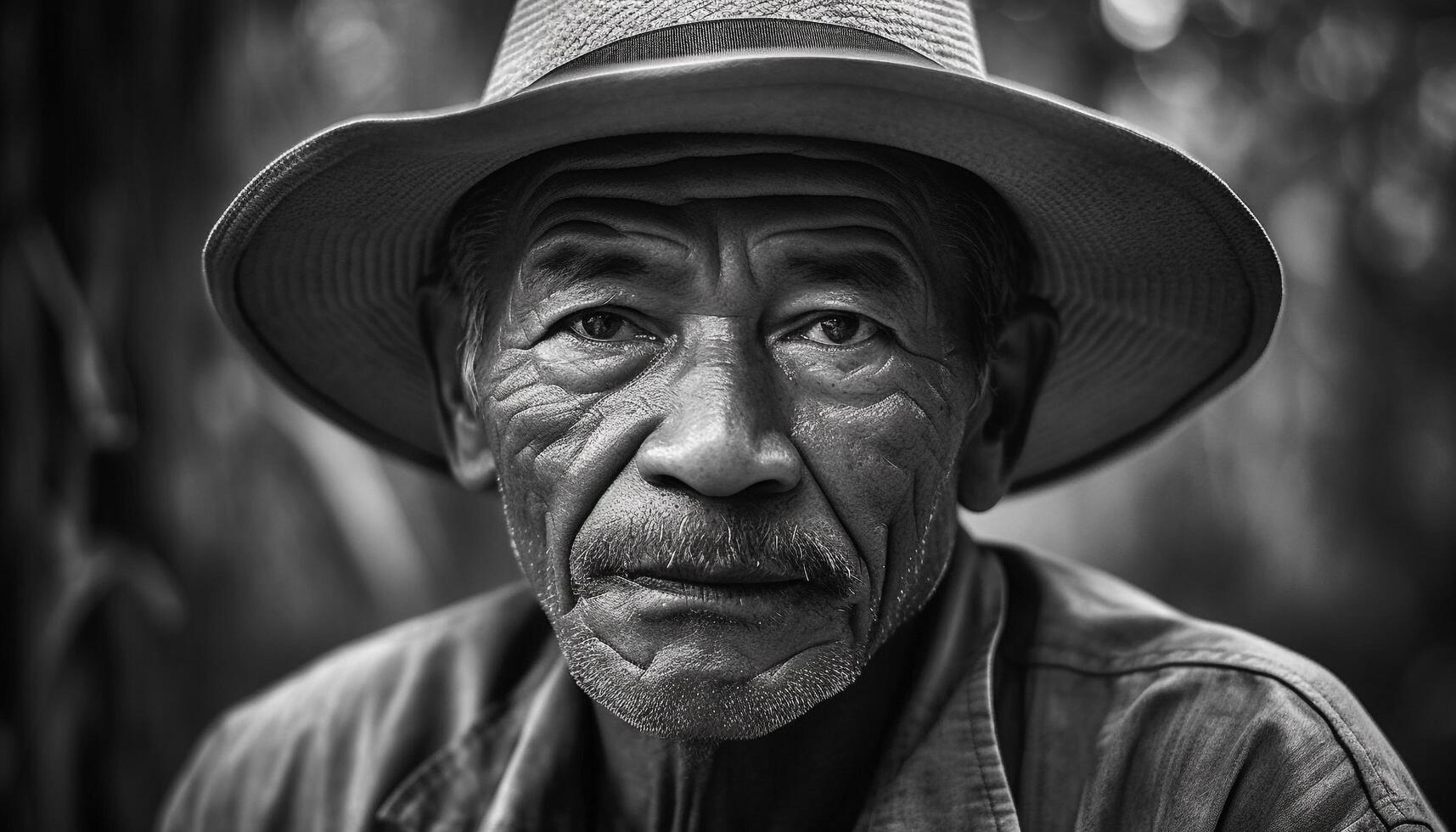 Old farmer in straw hat looks serious generated by AI photo