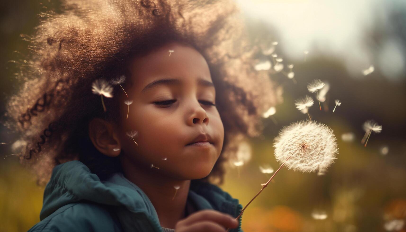 Cute child blowing dandelion, enjoying carefree summer generated by AI photo