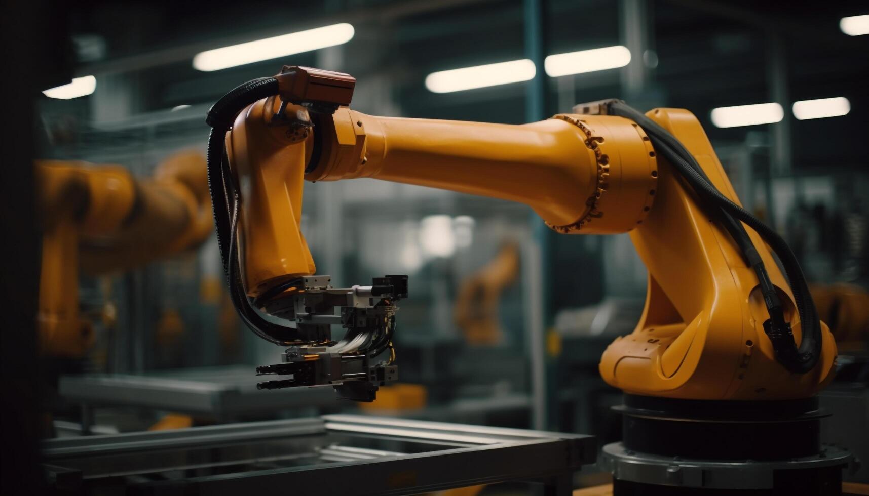 Robotic arm welding metal in automated factory generated by AI photo