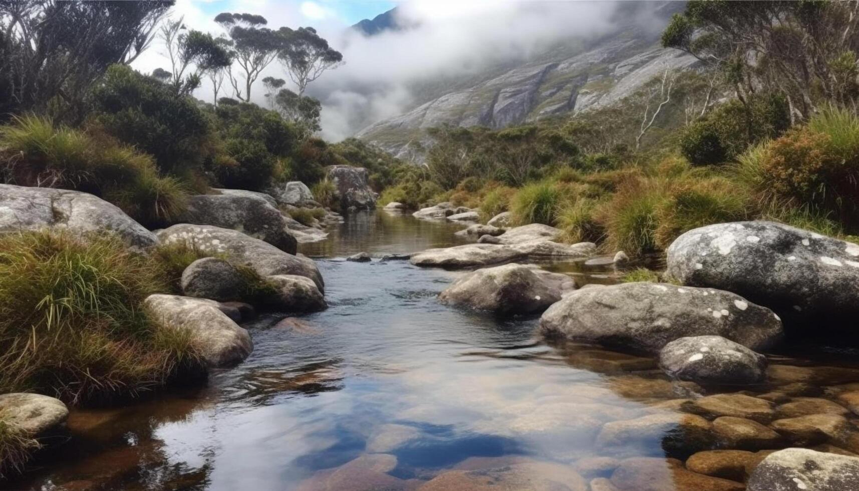 Tranquil scene of mountain range, flowing water generated by AI photo