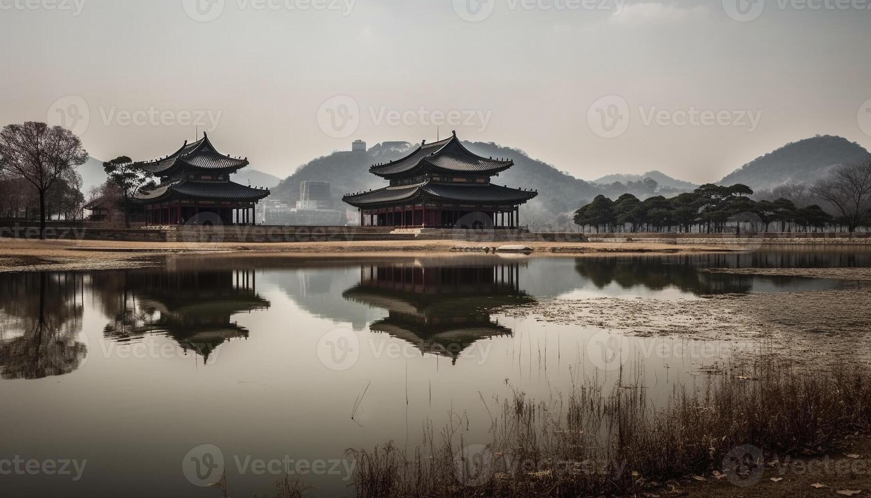 Ancient pavilion reflects tranquil sunset over pond generated by AI photo