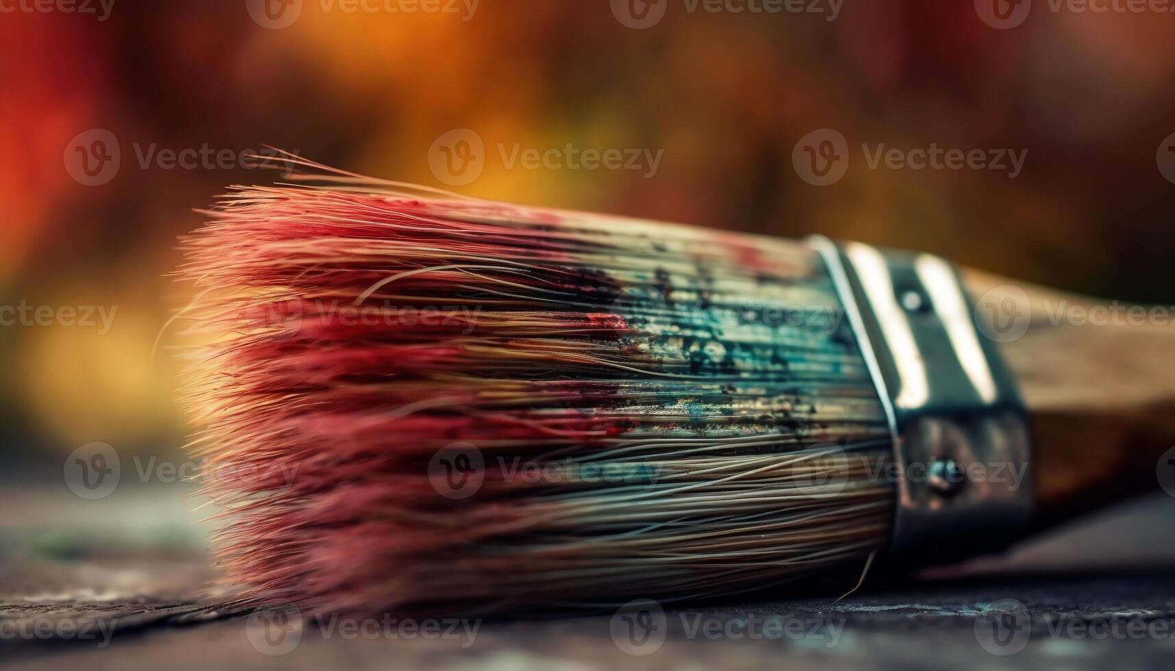 Vibrant paintbrush strokes on old wooden plank generated by AI photo