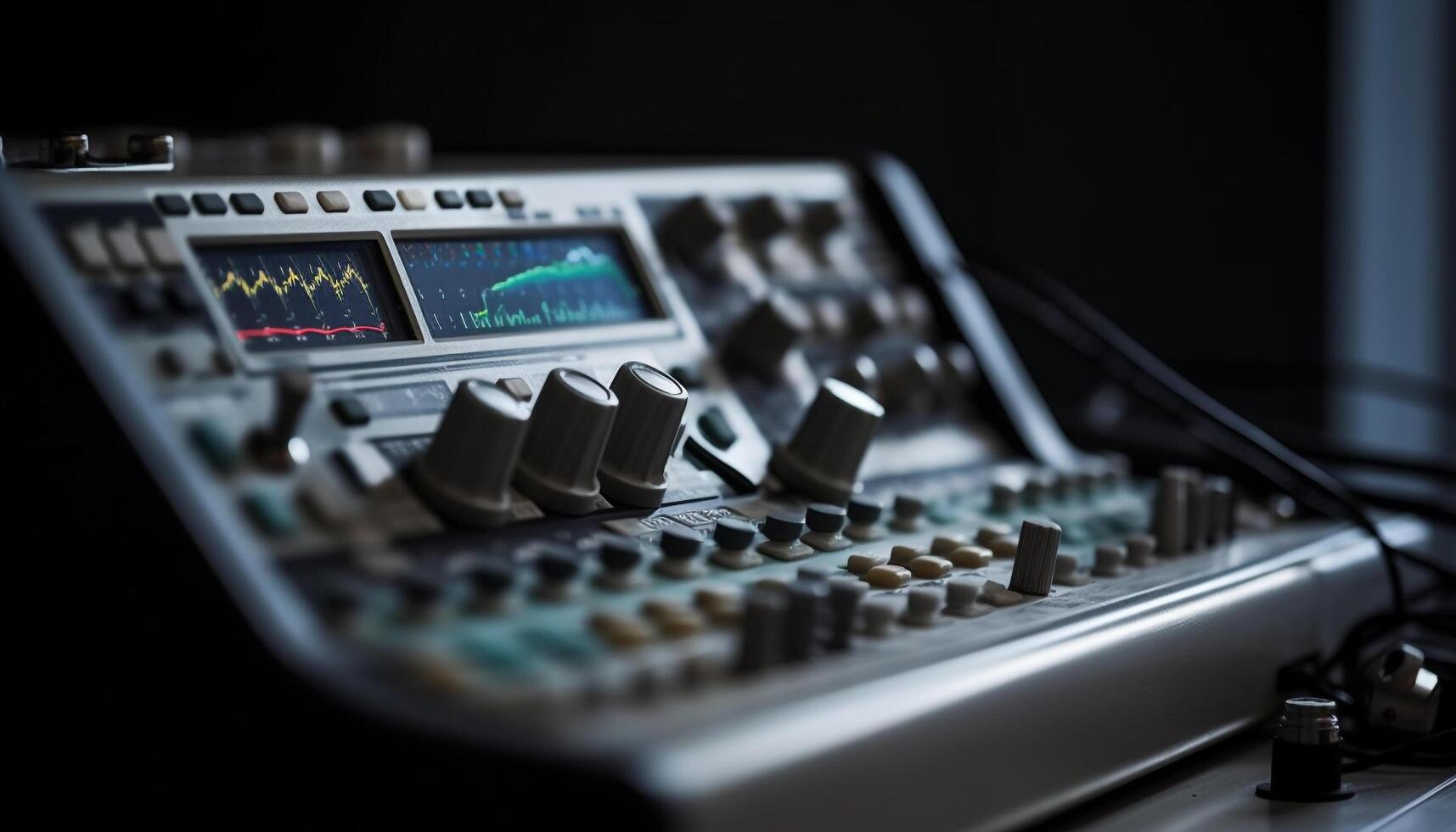 Sound engineer adjusts mixer knobs in recording studio generated by AI photo