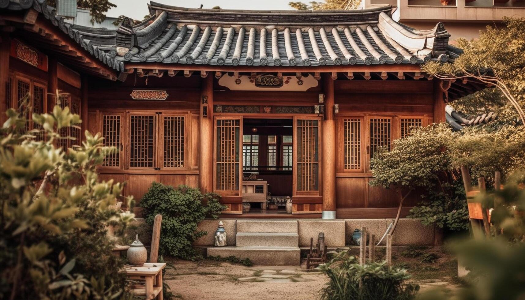 Ancient pagoda in formal garden, East Asian culture generated by AI photo