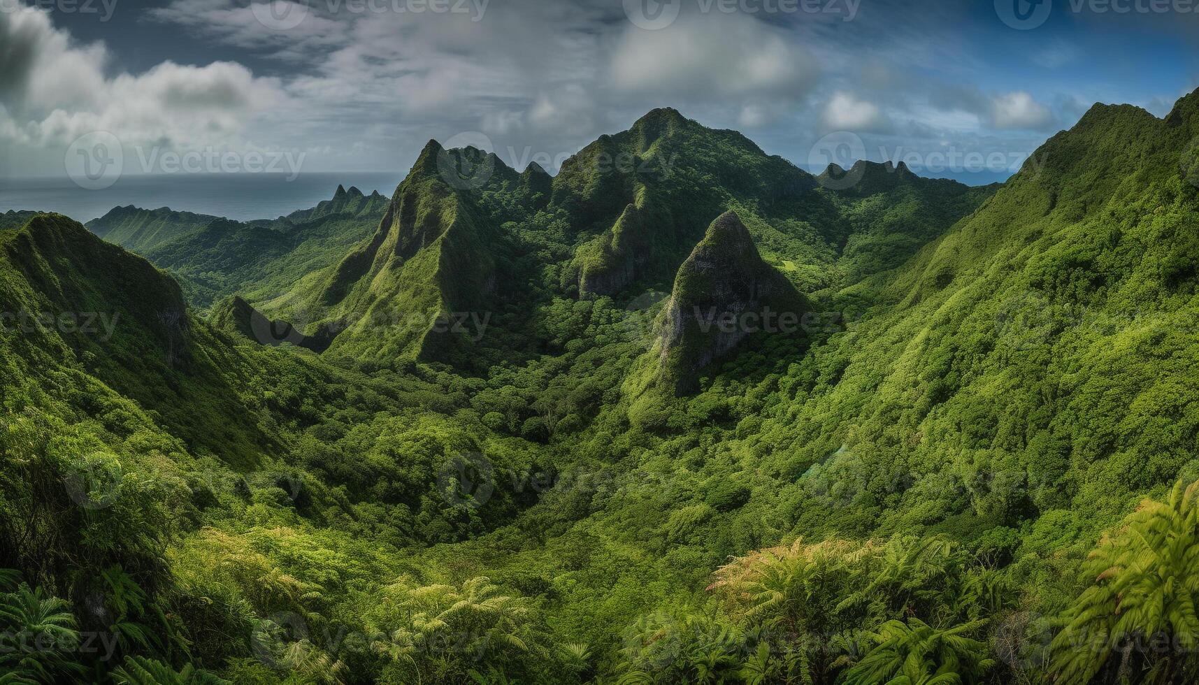 Majestic mountain range, tranquil meadow, and green forest generated by AI photo