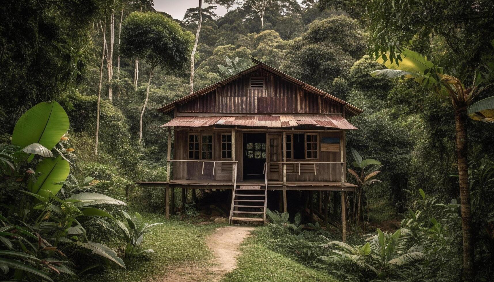 Tropical bungalow nestled in lush rainforest landscape generated by AI photo