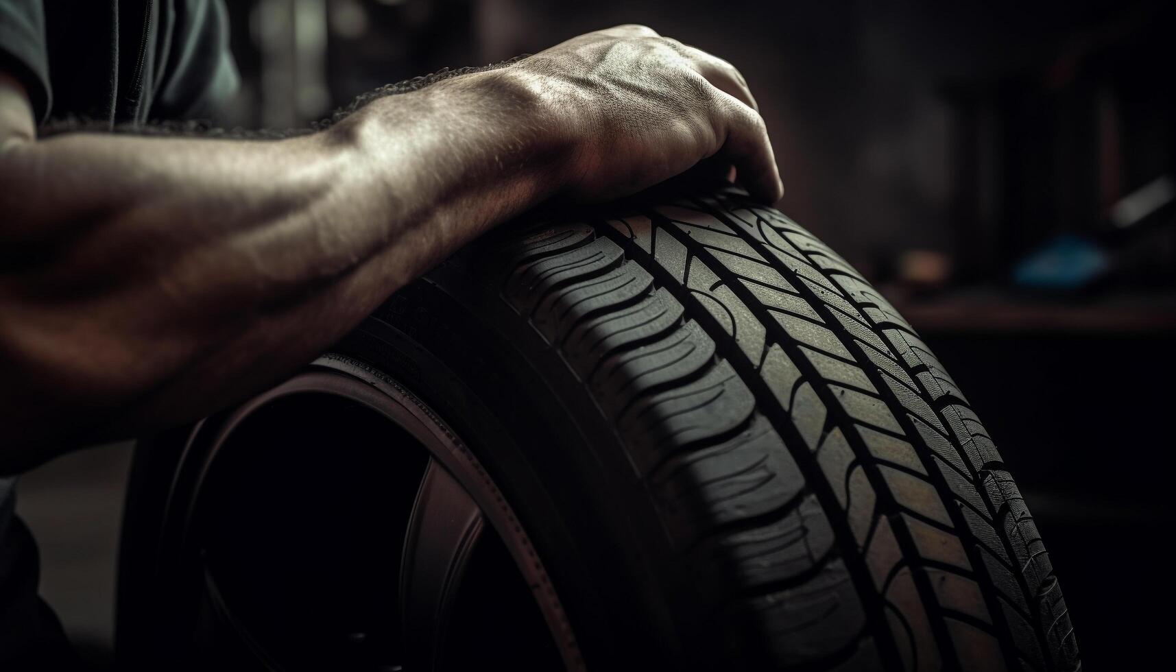 Mechanic repairing car wheel with tire equipment generated by AI photo