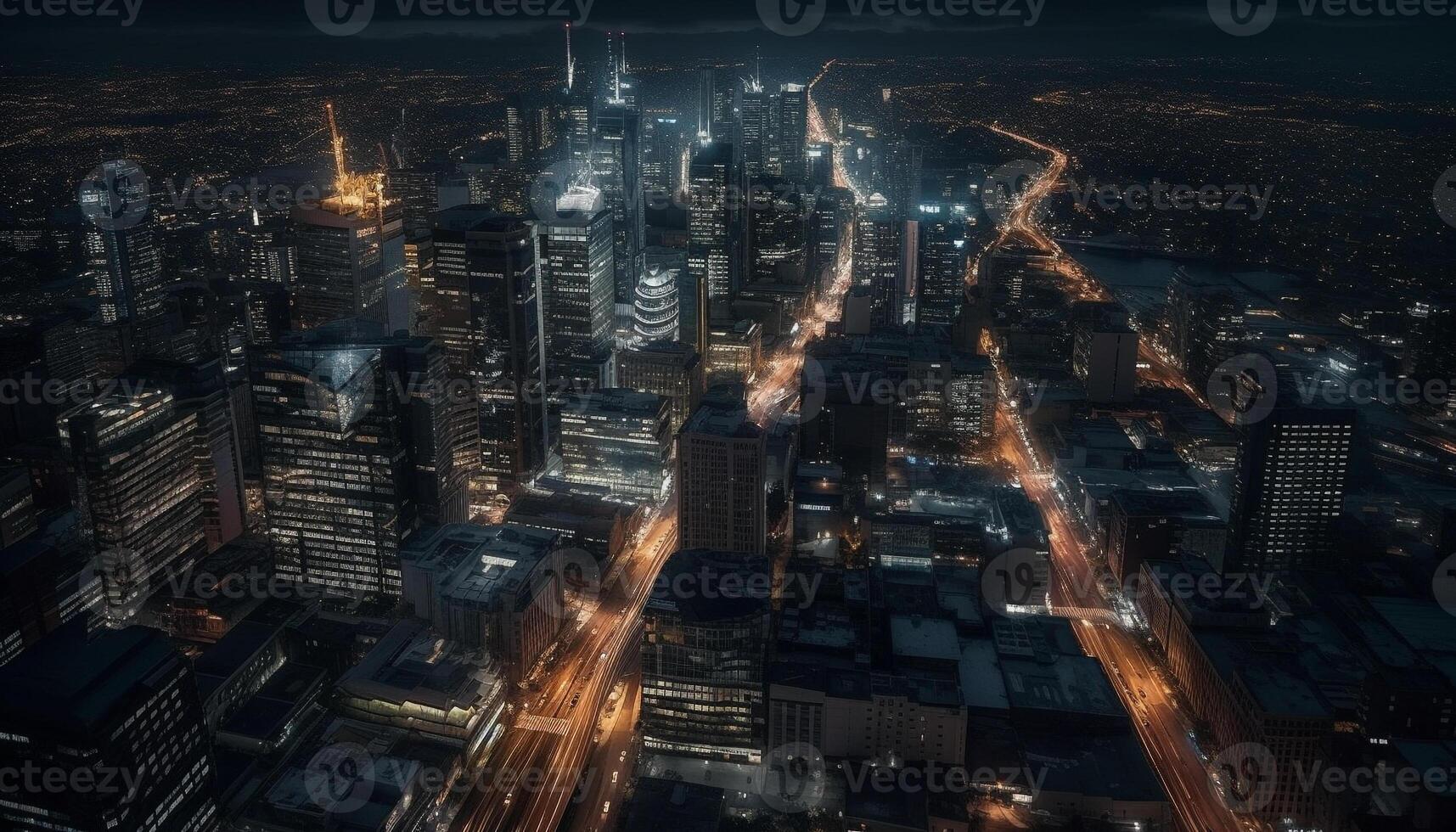 Glowing city skyline at dusk, bustling with traffic generated by AI photo
