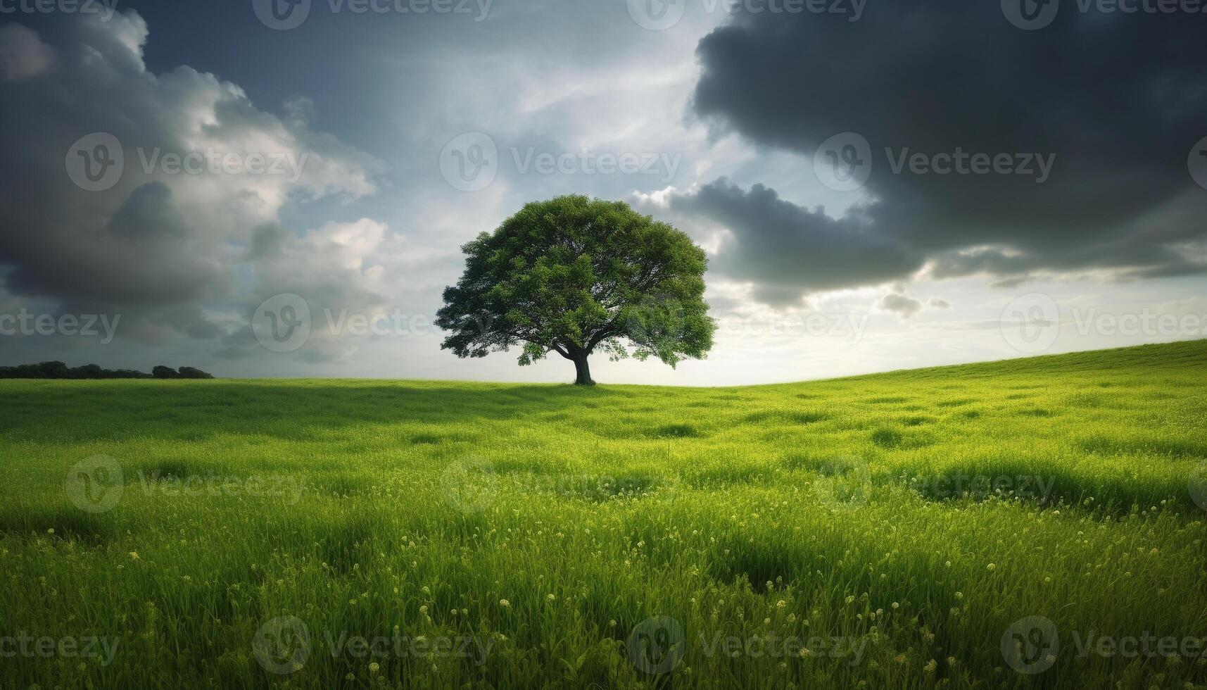 Green meadow, tree, and sky at sunset generated by AI photo