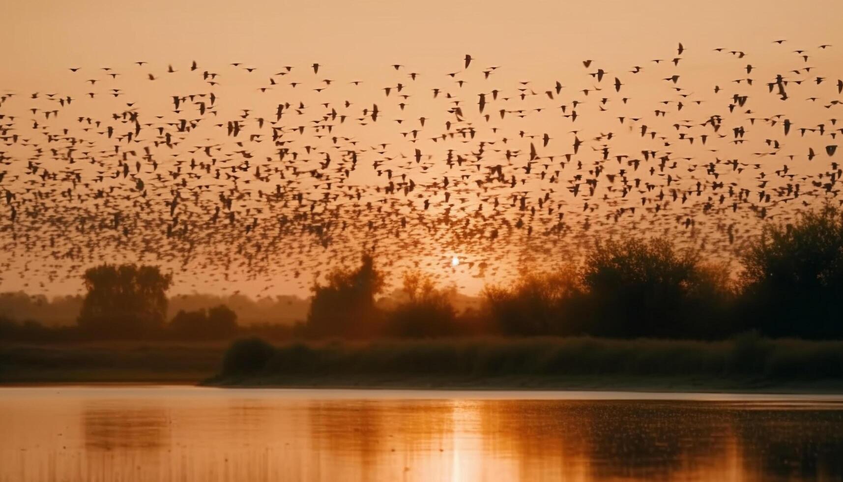 Flying animals in silhouette against sunset sky generated by AI photo