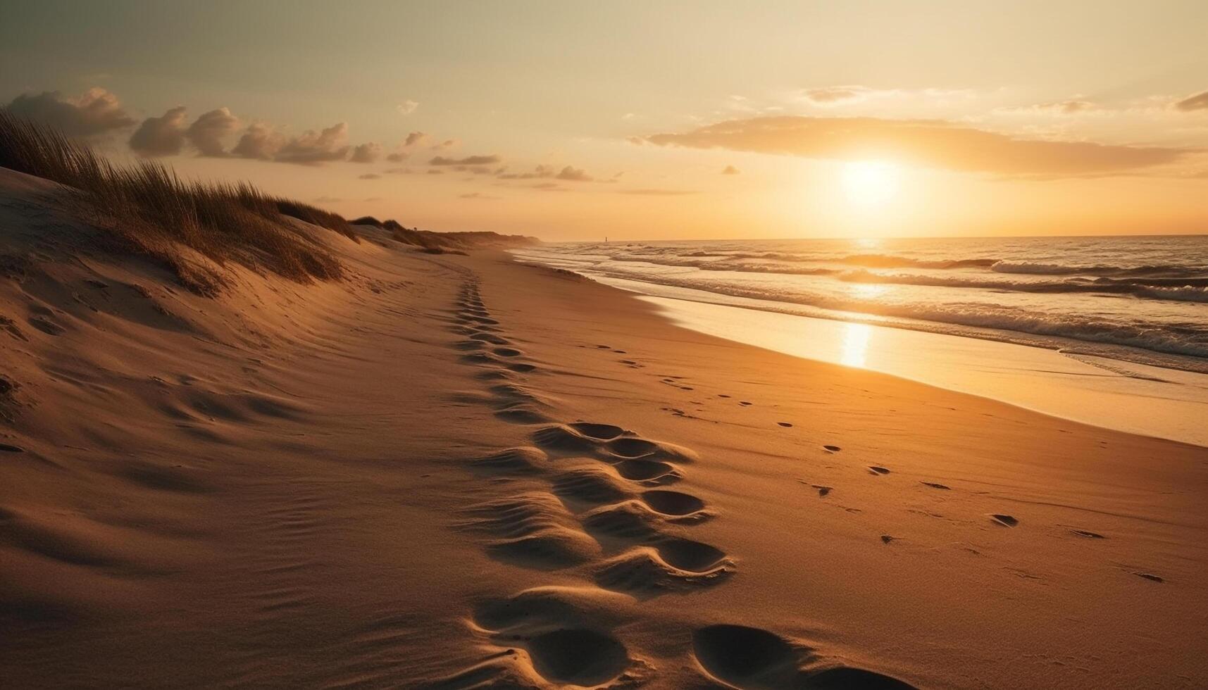 Tranquil scene at waters edge, golden sunset generated by AI photo