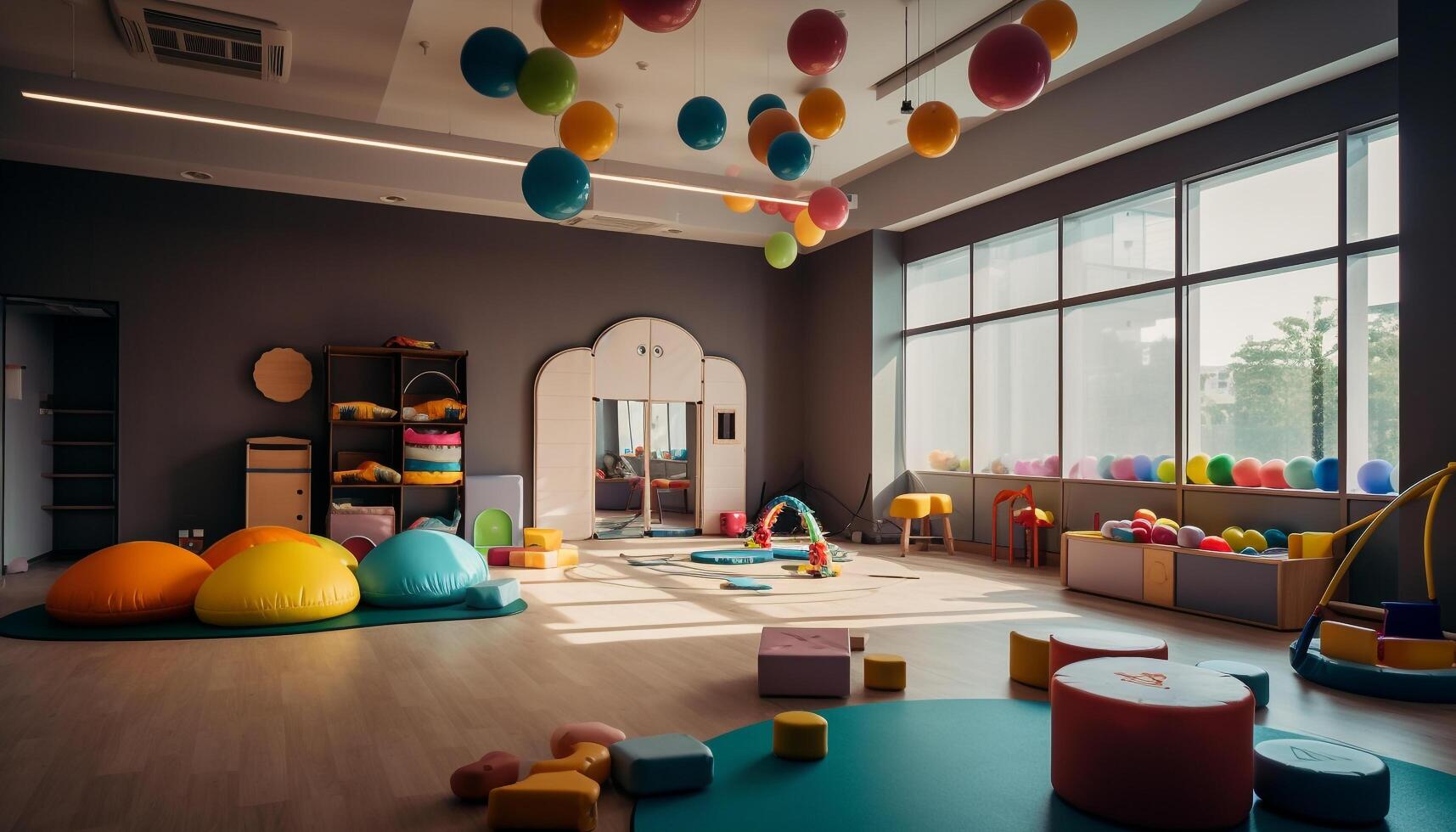 Bright multi colored playroom with playful toy decor generated by AI photo