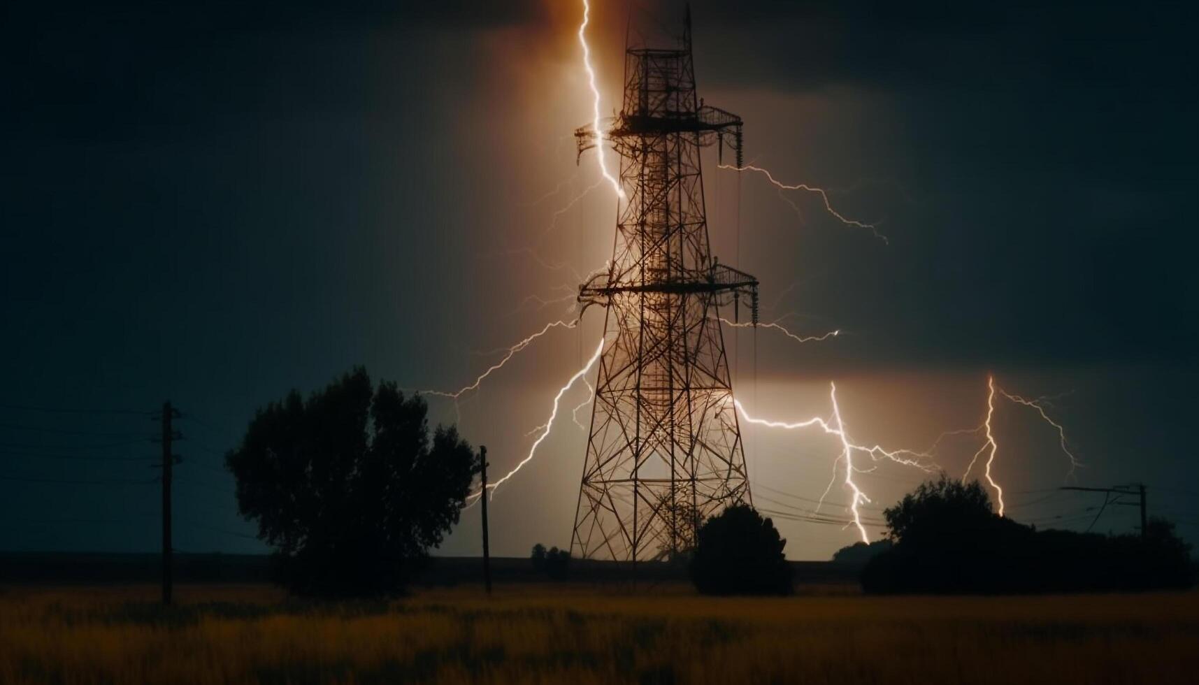 Electricity pylon backlit by glowing sunset sky generated by AI photo