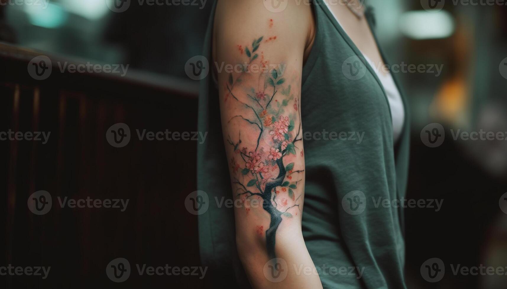 uno mujer tatuado mano diseños urbano naturaleza generado por ai foto