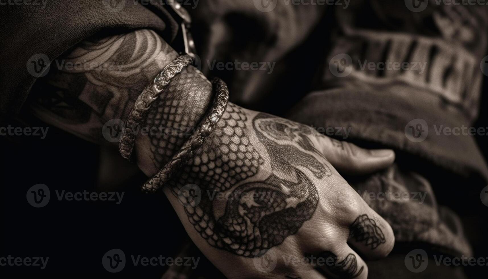 Hand holding tattooed torso, black and white generated by AI photo