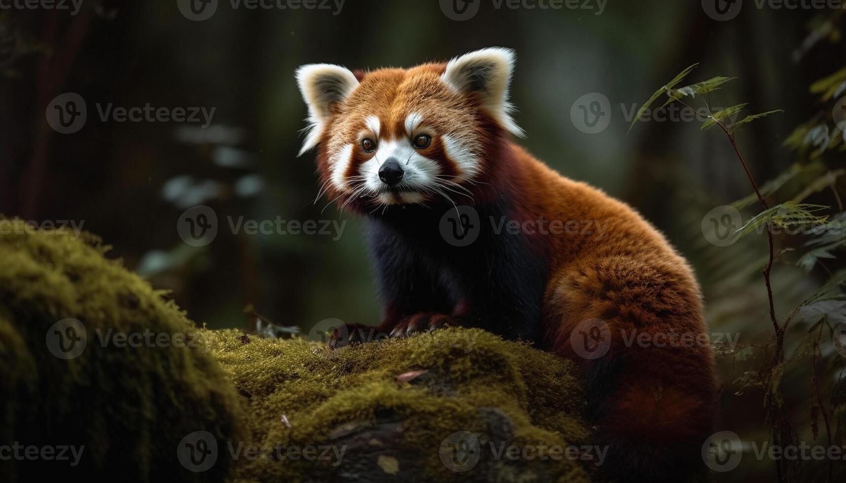 Fluffy red panda sitting on tree branch generated by AI photo