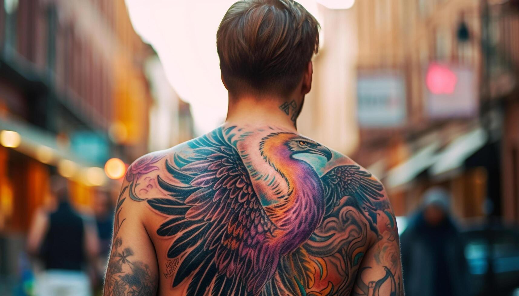 Walking men with tattoos admire city architecture generated by AI photo